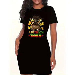 Alphabet Charm, Elegant Summer Bodycon Dress for Women - Casual Fashion with Letter Print, Crew Neck, Short Sleeve, Machine Washable