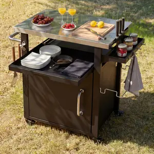 39.5" Outdoor Kitchen Island with Middle Shelf, Wood Kitchen Cart with Metal Stainless Steel Top, 420D Weatherproof Cover, for Garden Small Size
