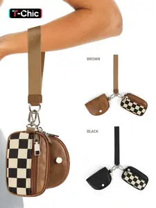 Women's Checkered Pattern Zipper Short Wallet with Detachable Keychain, Casual Versatile 2 in 1 Wristlet Wallet, Trendy All-match Card Holder for Daily Use, Zipper Coin Purse