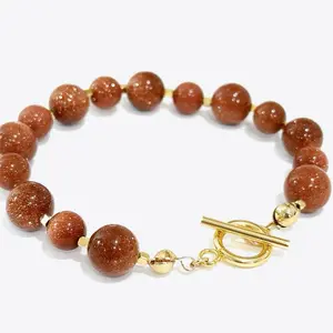Beads Venturine Stainless Steel Bracelet with Brown Beads and Gold Clasp