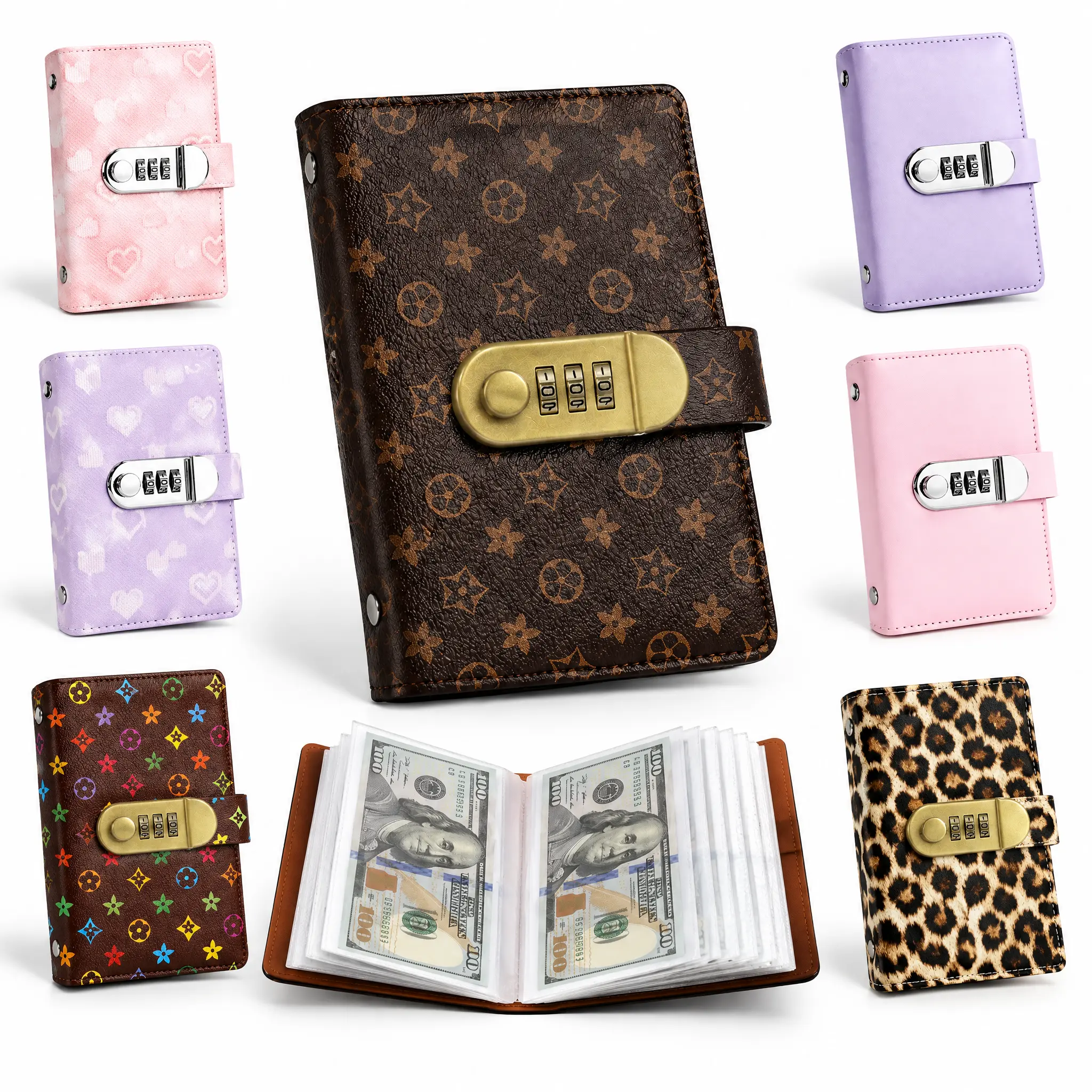 2026 New Model A6 Saving Challenge Binder with Combination Lock, 50 Inner Pages Dual-Sided Pockets Holds 100 Cash Notes, Leather Budget Planner Savings Challenge Book, Colorful Floral Brown Funny Christmas Money Holder