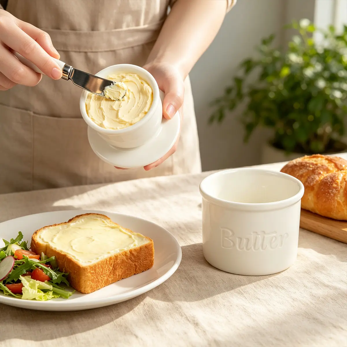 White Ceramic Butter Crock Set with Spreader Knife, French Style Butter Keeper, Keep Butter Fresh Up to 10 Days, Kitchen Butter Storage Container