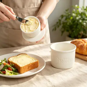 White Ceramic Butter Crock Set with Spreader Knife, French Style Butter Keeper, Keep Butter Fresh Up to 10 Days, Kitchen Butter Storage Container