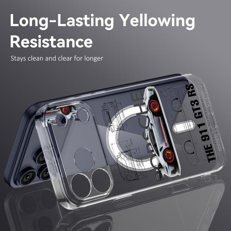 Sports GT3-RS P-Porsche Supercar-911 Phone Case Magnetic Clear Case for iPhone 17 16 15 14 13 12 11 Pro Max Plus | Reliable MagSafe Suction | Anti-Yellowing Slim Cover | Raised Edge Protection for Camera & Screen