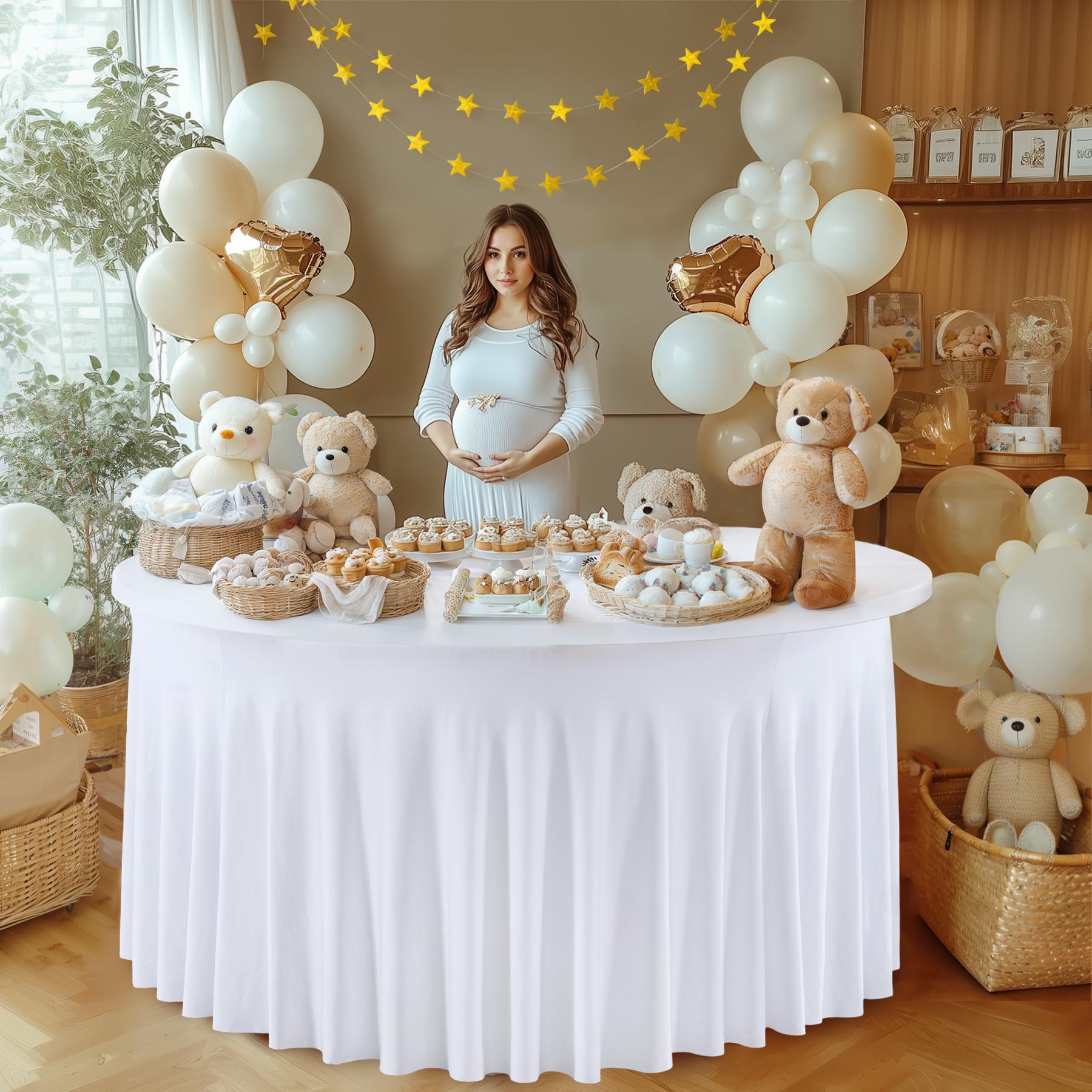 4/5/6 FT Round Spandex Tablecloth, Wrinkle-Free, Reusable, Stretch-Fitted Table Cover with Skirt for Weddings, Birthdays, Banquets, and Valentine's Day Parties