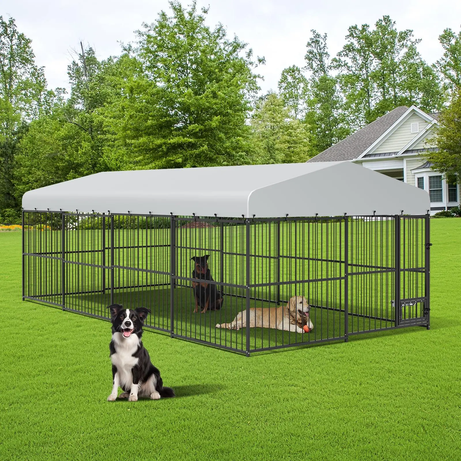 GARVEE 10×20×6FT Dog Kennel for Large Dogs, Large Metal Dog House with Waterproof Cover, Feeding Doors, Dog Kennel Outdoor for Garden Backyard