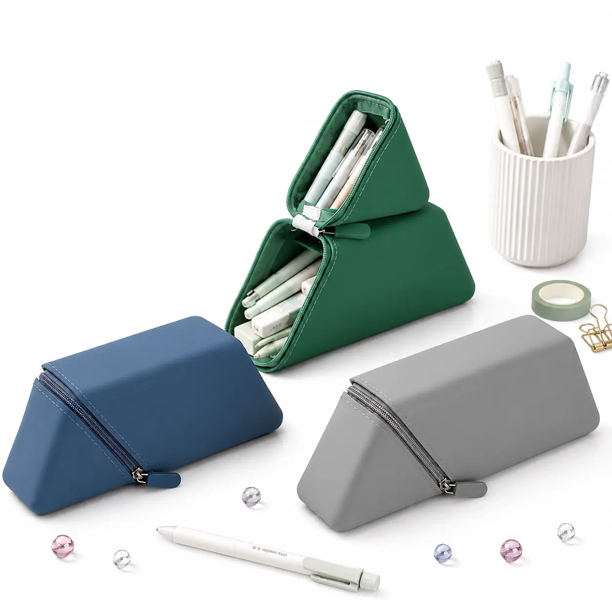 Back to School Essentials, Soft Silicone Standing Pencil Case, Large Capacity Expandable Pen Pouch, Desktop Organizer for Pens, Markers, Makeup Brushes and School Supplies