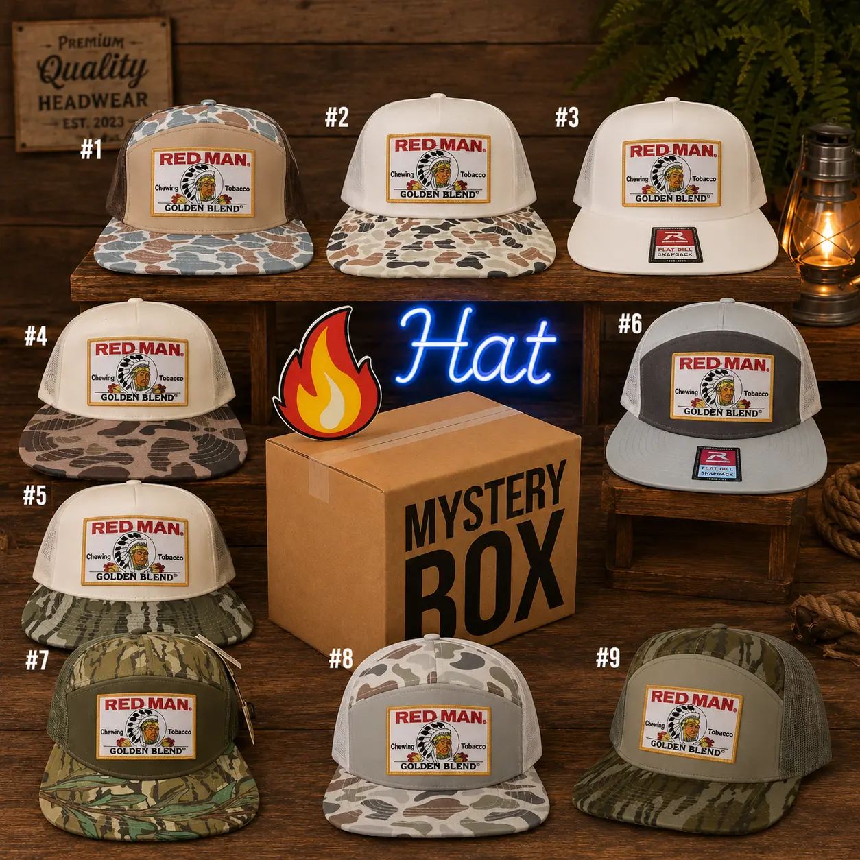 New One Hats Mystery Box Random hat 7 Panel Duck camo Bottomland RM Chewing Toobacco Embroidered Patch Trucker Hat - Summer Drinking Cap Tan Camo Snapback Hat for Hunting and Partying Vintage Golden Blend
