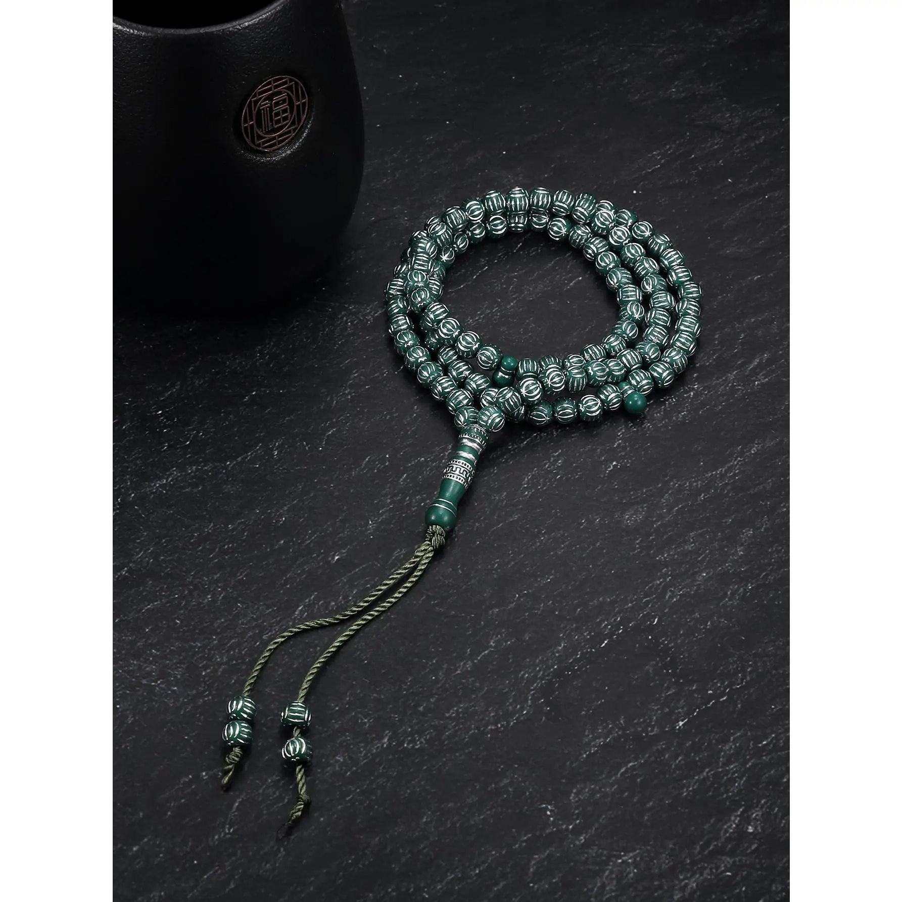Chinese Style Dark Green Pattern Tasbih | Minimalist Zen Middle Eastern Prayer Beads