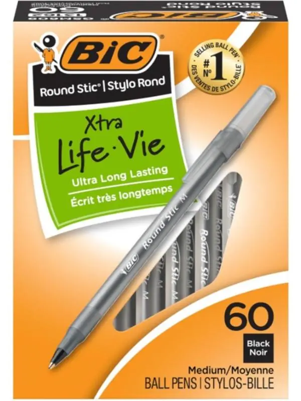 BIC Round Stic Xtra Life Ballpoint Pen, Ultra Long Lasting and Consistent Ink Flow, 60-Count in Black Ink