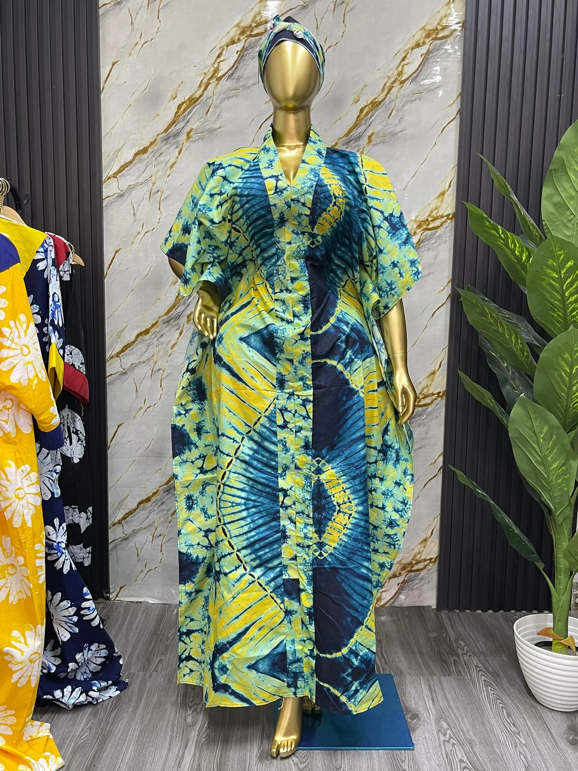 Women's Short-Sleeve V-Neck Ankara Boubou Kaftan - Newly Sewn, Elegant, Modest, Comfortable Pull-On Dress with Adjustable Inner Tie, Casual Fabric (1 Size) for Ladies