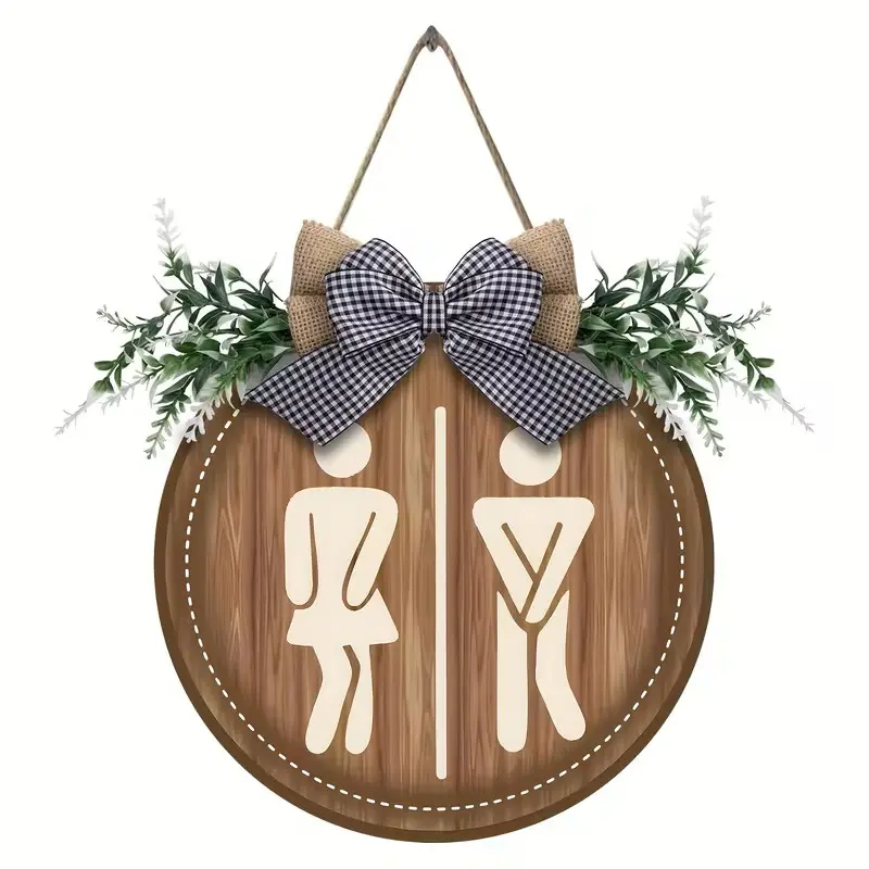 Restroom Signs Wooden Half Bathroom Sign Funny Cute Unisex Restroom Sign for Rustic Farmhouse Office Business Bathroom and Toilet Door Wall Decor, 9 x 9 Inch(Unisex)