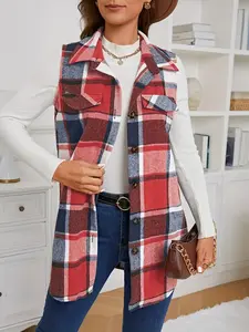 Spring Autumn Fashion Lapel Single Button Plaid Print Hem Detail Sleeveless Vest Jacket, Stylish Women's Outerwear, Casual Wear