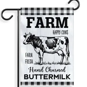 Farm Fresh Happy Cow Garden Flag Rustic Farmhouse Buffalo Plaid Yard Decor Double Sided Country Outdoor Porch Banner