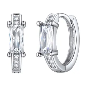ChicSilver Dainty Daily Minimalist Simple Casual Sparkling Shiny 925 Sterling Silver Rectangle Cut Cubic Zirconia Huggie Hoop Earrings for Women