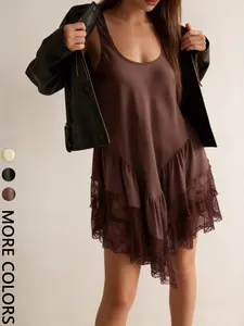 1 Piece Satin Camisole Lace Dress | Euro-American Mature Cute Vibe | V-Neck Design + Tiered Skirt | Polished Pick for Casual Dates / Café Stops