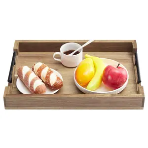 Acacia Wood Serving Tray with Metal Handles, 17x12in Ottoman Decorative Trays for Coffee Table, Home Decor, Party, Bed, Kitchen,Bathroom, Breakfast