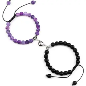 Couple Distance Bracelets 2pcs/set Natural Stone Beads Braided Bracelet Lovers Heart Magnet Adjustable Bangle Friend Jewelry