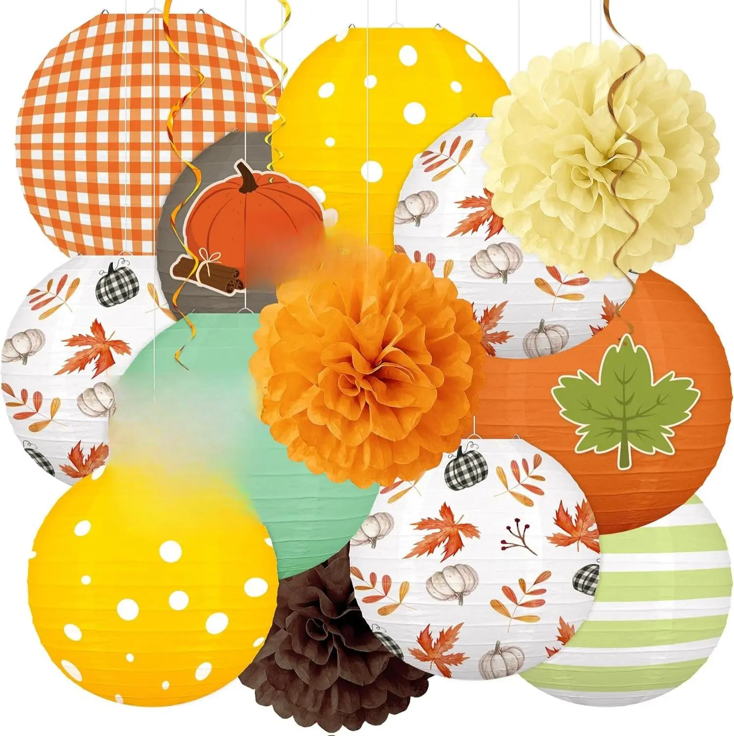 16Pcs Fall Decorations for Home Paper Lanterns Pom Poms Hanging Swirls - Thanksgiving Autumn Friendsgiving Hanging Decor for Party Home Birthday