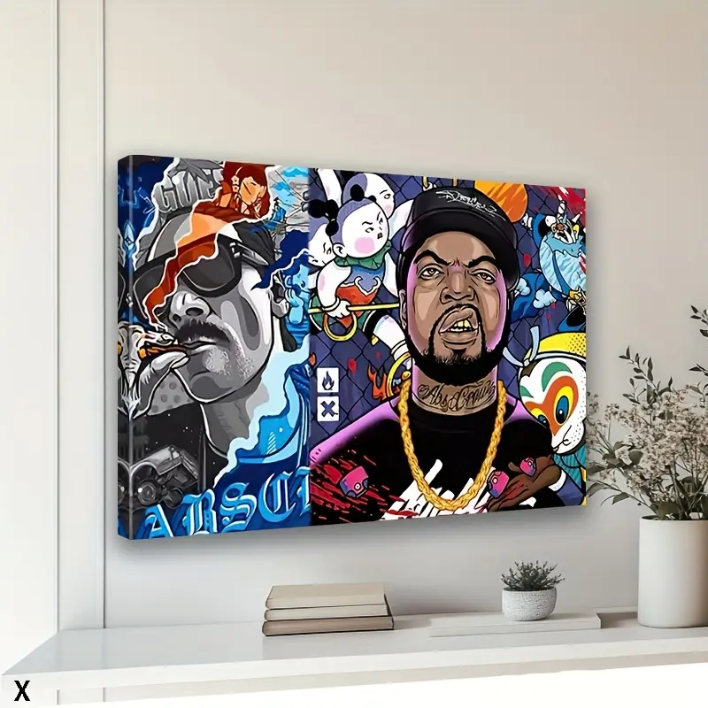 [2D Flat] 1PC Framed Hip Hop Rapper Music-Themed Wall Art - Modern Pop Art Graffiti Poster Print, Reusable Wood Frame, High-Gloss Cloth Surface - Urban Culture Decor for Rapper Fans, Bedroom & Living Room, Bedroom Decor, Living Room Decor