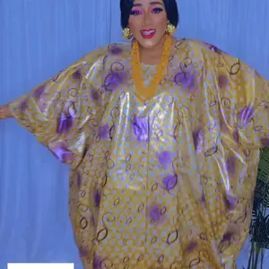 Super Fanga Bazin Grand Bubu Dress 3pcs Set with Wrap and Head Wrap in Vibrant Yellow and Purple Pattern