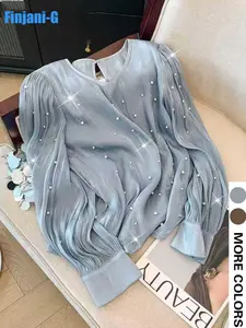 Elegant Plus Size Women's Shirt with Pearl Embellishments, Casual Fitted Design for Parties and Outings, All Seasons Fashion Blouses