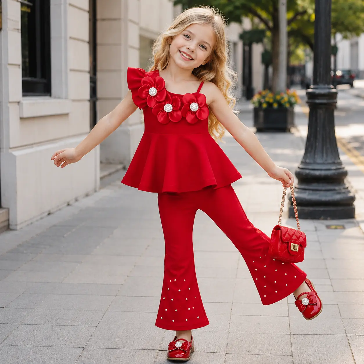 Girls 2PCS Flower Outfit Set for 4-7 Years | One Shoulder Peplum Top & Bell Bottom Pants Party Clothes