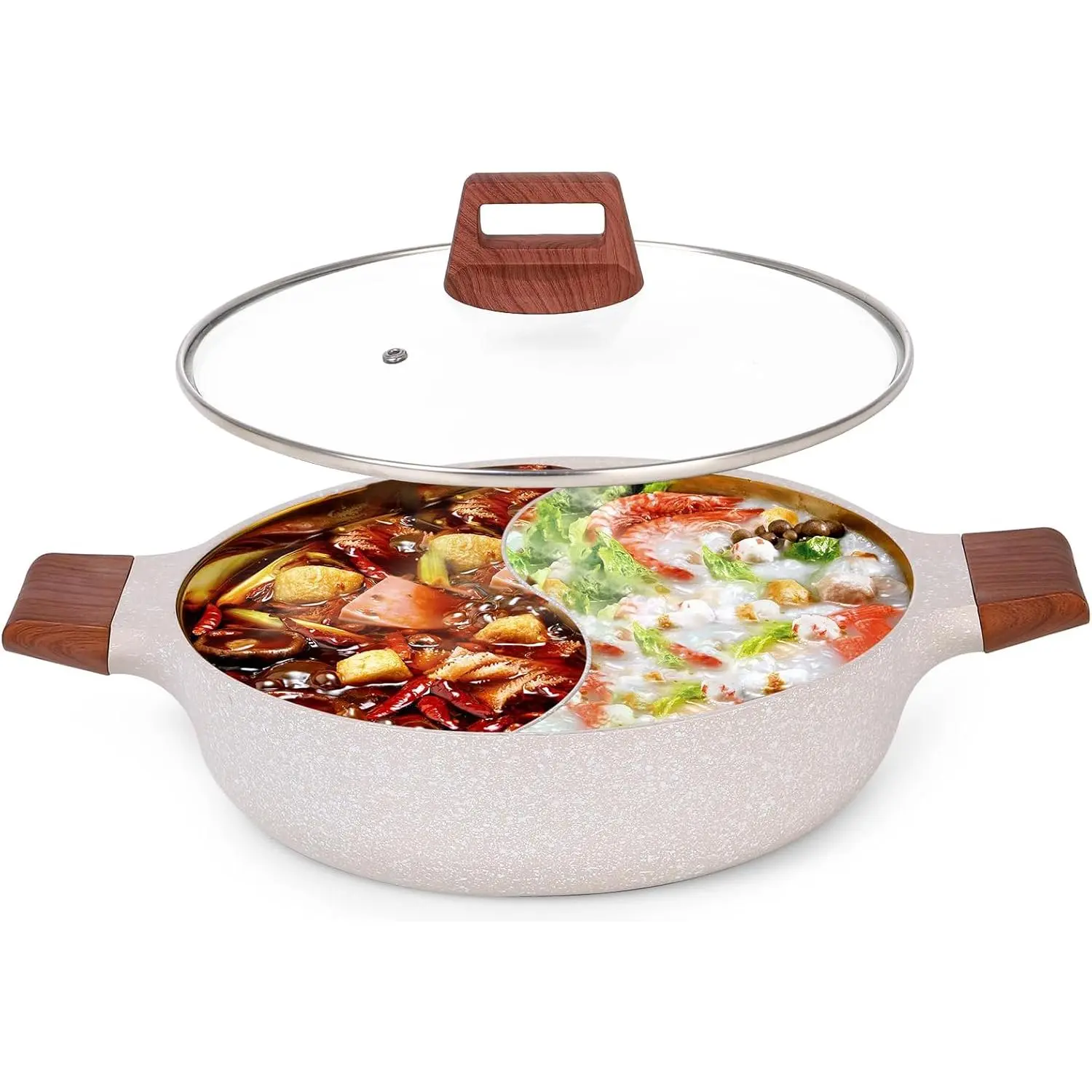 5.2-QT Double-flavor Hot Pot with Divider, Dual-Sided 12.6Inch Shabu Shabu Pot, Non-Stick Multi-Functional Hotpot Pot with Cover for Electric Induction, Gas Stove, White
