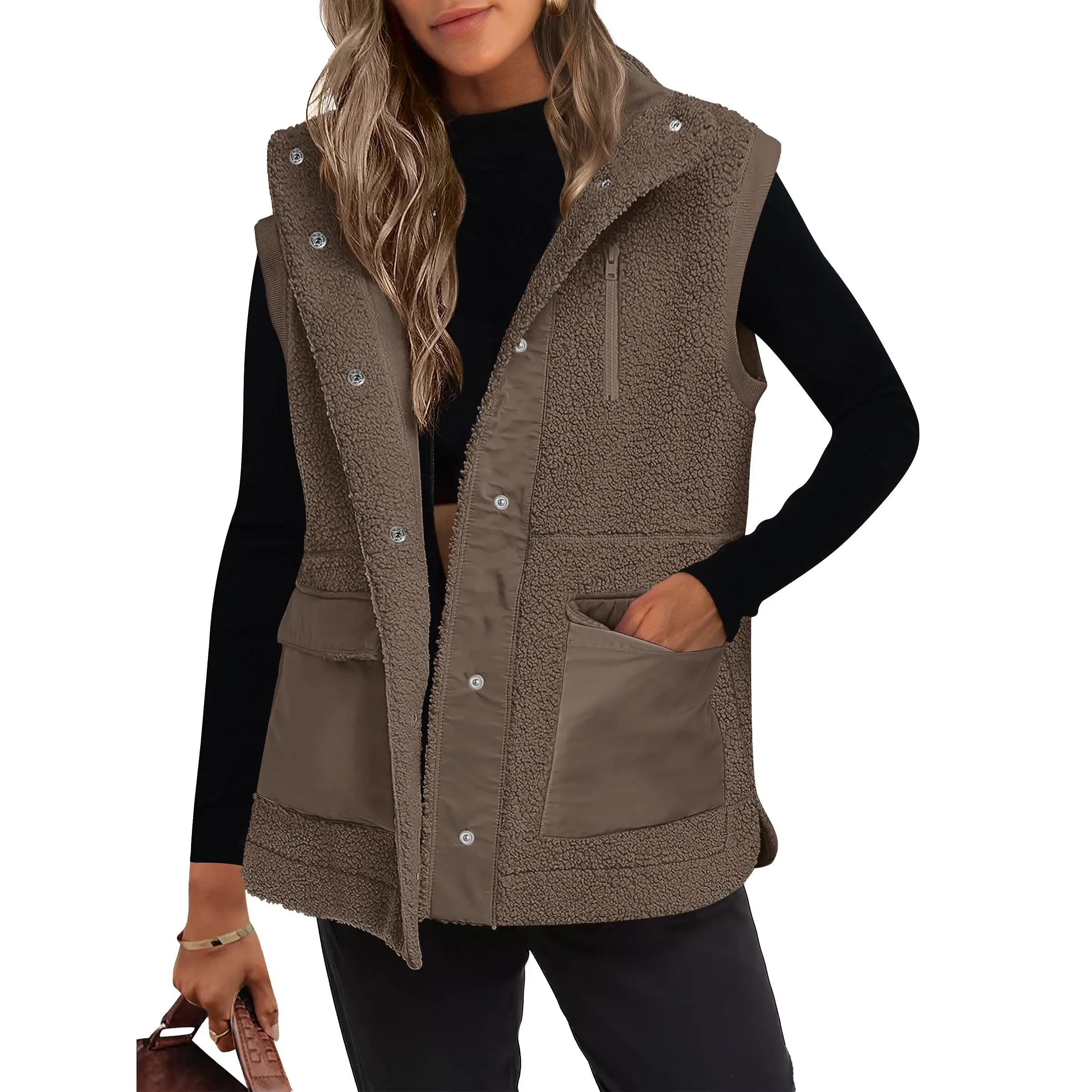ANRABESS Womens Fuzzy Fleece Vest Sleeveless Casual Warm Button Down Fall Sherpa Jacket Outerwear With Pockets Winter Fashion