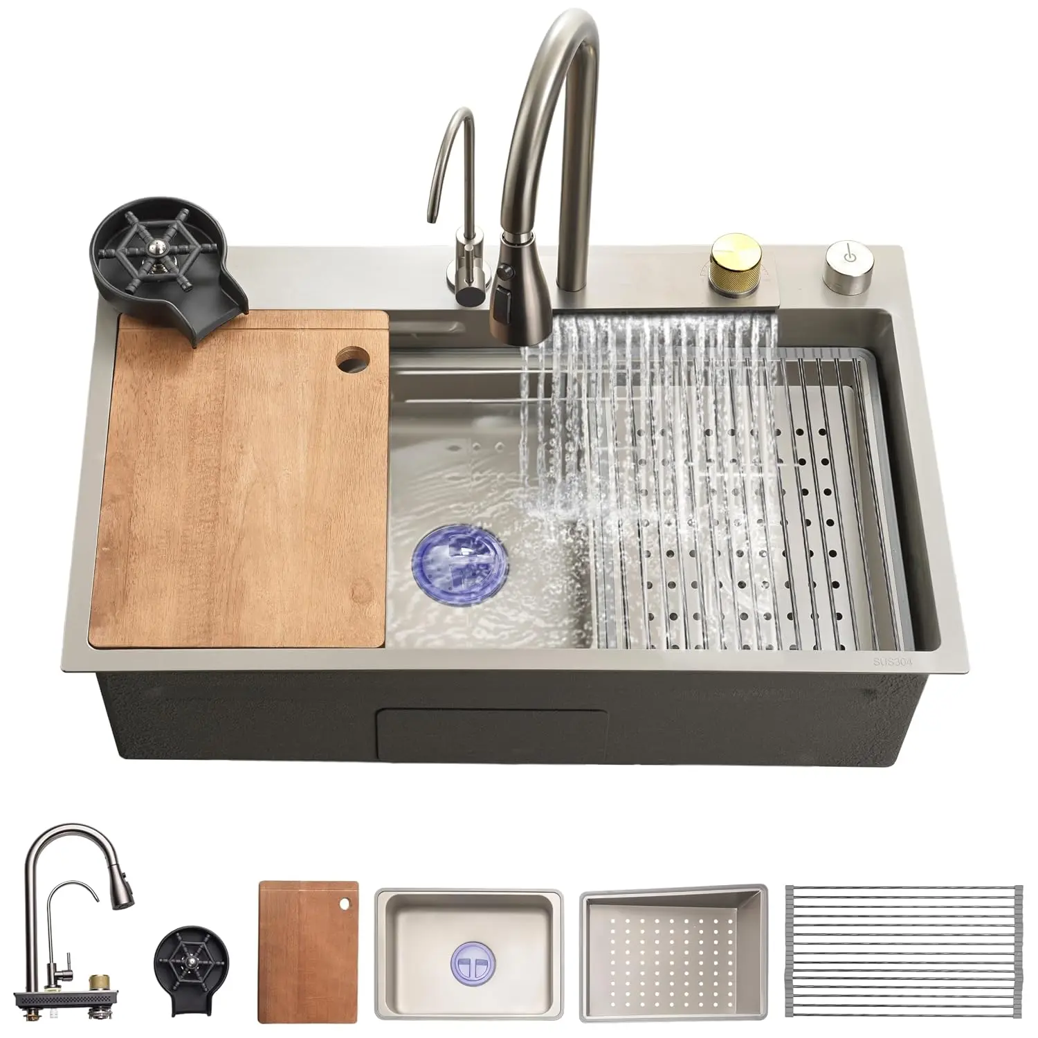 29.5'' x 18'' x 8.66'' Rectangular Metal Kitchen Sink - Gray Top Mount Single Bowl Nano Coated Workstation with Antibacterial Brass Kitchen Sink Faucet Set, Rubberwood Cutting Board, Cup Washer, Drain Rack - Rust-Resistant Household Essential