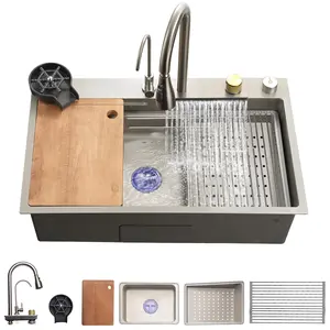 Stainless Steel Kitchen Sink – Gray | Single Bowl Nano Coated Workstation Sink with Faucet Set, Cutting Board, Cup Washer & Drain Rack - Rust Resistant & Corrosion Resistant Household Kitchen Essential