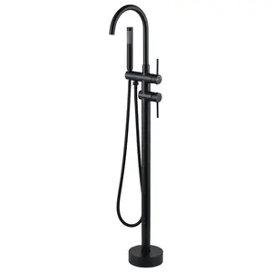 WOWOW Modern 2-Handle Floor Mount Freestanding Tub Faucet Bathtub Filler with Hand Shower in. Matte Black