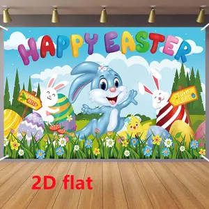 Easter Party Banner Decoration, Cute Bunny & Chick Design, Colorful Eggs & Floral Border, Perfect for Easter Parties, 1pc Flat Banner