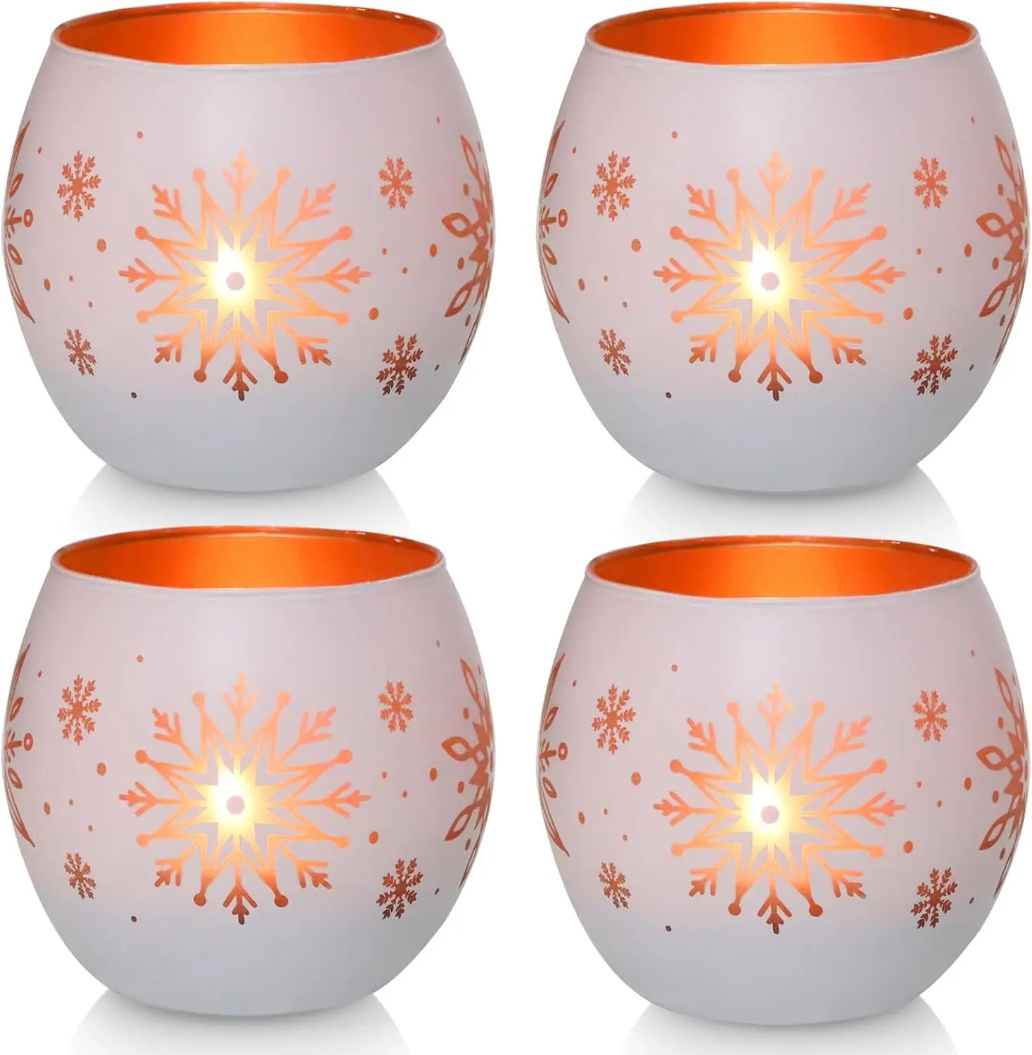 Christmas Candle Holders Set of 4, Gold & White Glass Tealight Votive Holders for Winter Decor, Xmas Table Centerpieces, Indoor Christmas Decorations