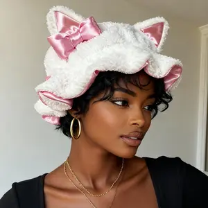 Luxury Plush Kitty Ear Hat Soft Silky Double-Sided White Outside Pink Inside Warm Breathable Hair-Friendly Polyester Cozy Cute Look