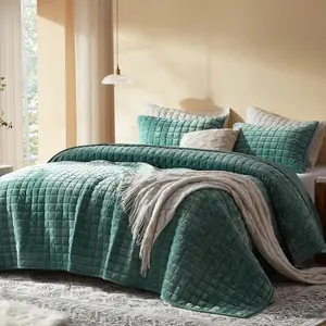 CURATED Velvet Quilt Full/Queen/King/California King Size, Lightweight White/Olive Green/Caramel/Aqua Green Velvet Comforter Set With 2 Pillow Shams, Soft Bedspread Coverlet Quilted Bedding Set for All Season