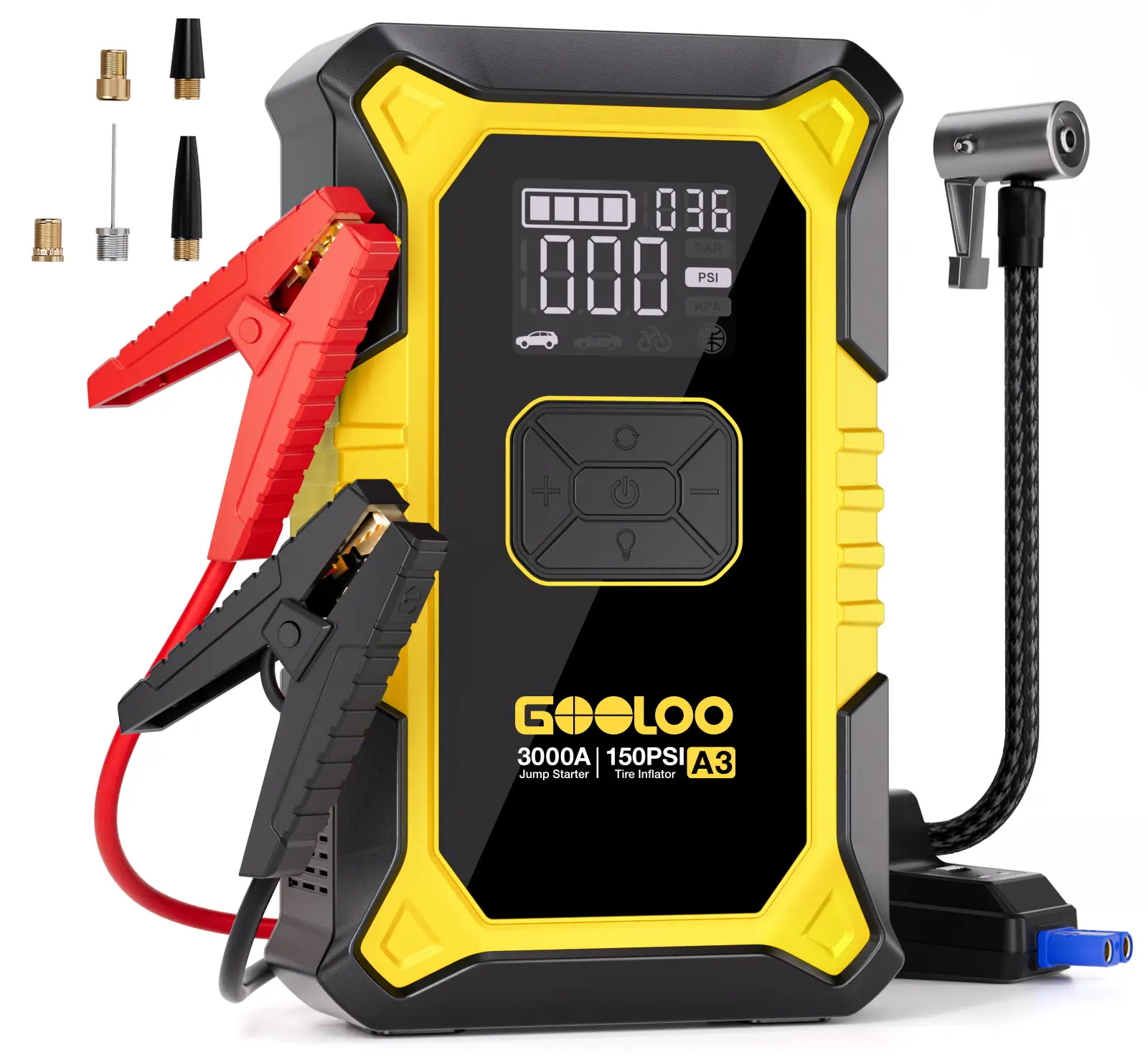 GOOLOO A3 YELLOW Jump Starter with Air Compressor, 3000A Portable Car Battery Booster (9.0 Gas/6.5L Diesel) with 150PSI Auto-Shutoff Tire Inflator