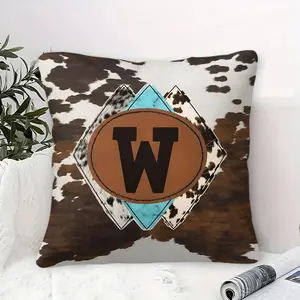 Stylish Rustic Throw Pillow, Bold Black "W" Graphic Design, Digital Print with Cowhide Pattern Background, 45cm Square Decorative Cushion for Country & Bohemian Home Decor, Perfect for Sofa & Bedroom , Includes Pillow Insert