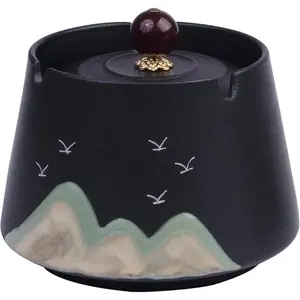 Ceramic ashtray outdoor ashtray for cigarettes ashtray with lid windproof ash tray decor for home office indoor and outdoor blacklid