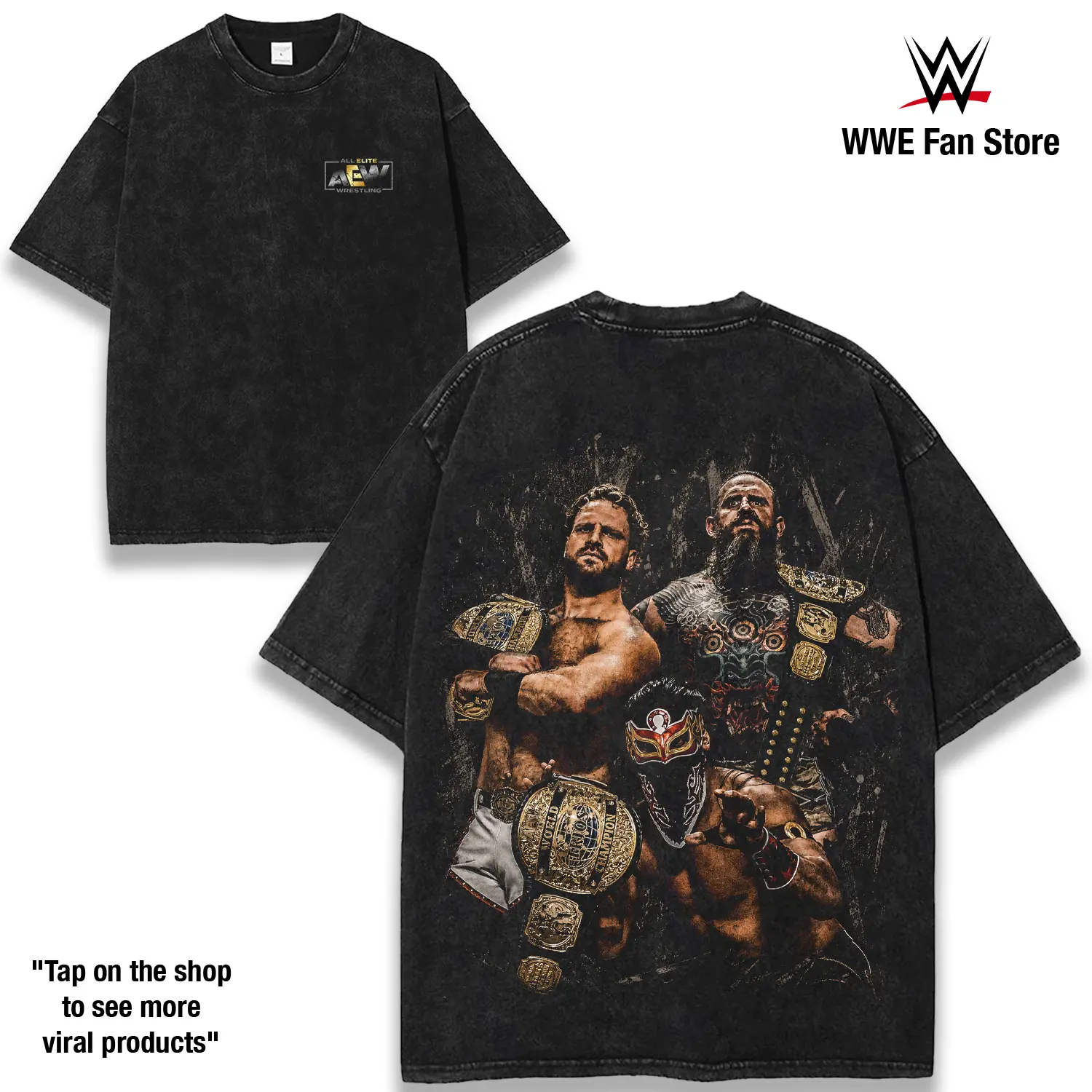 AEW World Trios Champions Hangman Adam Page Brody King Bandido Graphic T-Shirt Celebrating Championship Victory Elite Wrestling Legacy High Impact Matches Fearless Teamwork Unisex Vintage Washed Tee