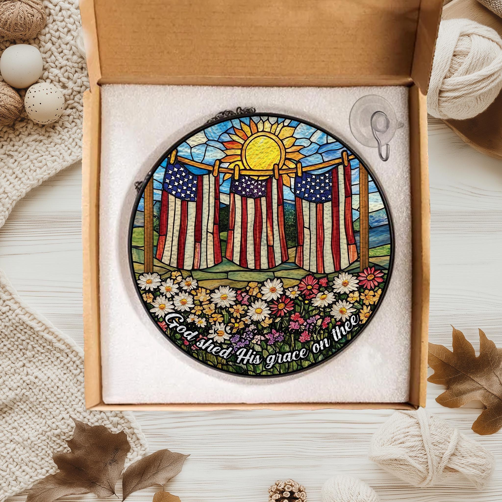 Christian 4th of July Stained Glass Suncatcher, Patriotic Wildflower Suncatcher, Faith and Freedom, Independence Day 4th of July Decor