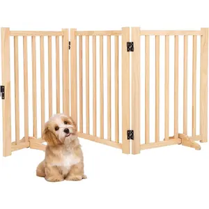 Paint-Free Wooden Freestanding Dog Gates, Wooden Indoor Dog Fence,Collapsible Wood Pet Gates for The House,Doorways, Stairs,Step Over Fence Large Outdoor Kennel with Feeder