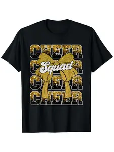 Coquette Cheer Squad Cheerleading T-Shirt |   Black with Golden Lettering & Pom-Pom Design Casual Round Neck All-Season Comfort Pure 220G Crew Neck Regular Fit Vintage Style Perfect for Adult Cheerleaders for Sports Events & Squad