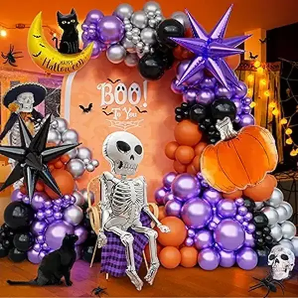 161Pcs Halloween Balloons Garland Arch Kit,Black and Orange Balloons with Skeleton Pumpkin Foil Balloons, Silver Purple Metallic Balloons for Halloween Party Decorations Birthday