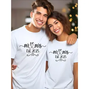 Mr. & Mrs. 2025 Couple T-Shirts - Casual Tees with Heart Design, Perfect Wedding Gift for Newlyweds, Black with White Lettering, Short Sleeve, Round Neck, Machine Washable