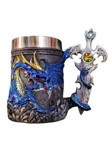 The Armored Kingdom Sapphire Blue Sentinel Dragon Mug 17 oz Stainless Steel Fantasy Tumbler with Dragon Scales & Sword Handle Reusable Beverage Cup for Dragon Tamers & Fantasy Lovers