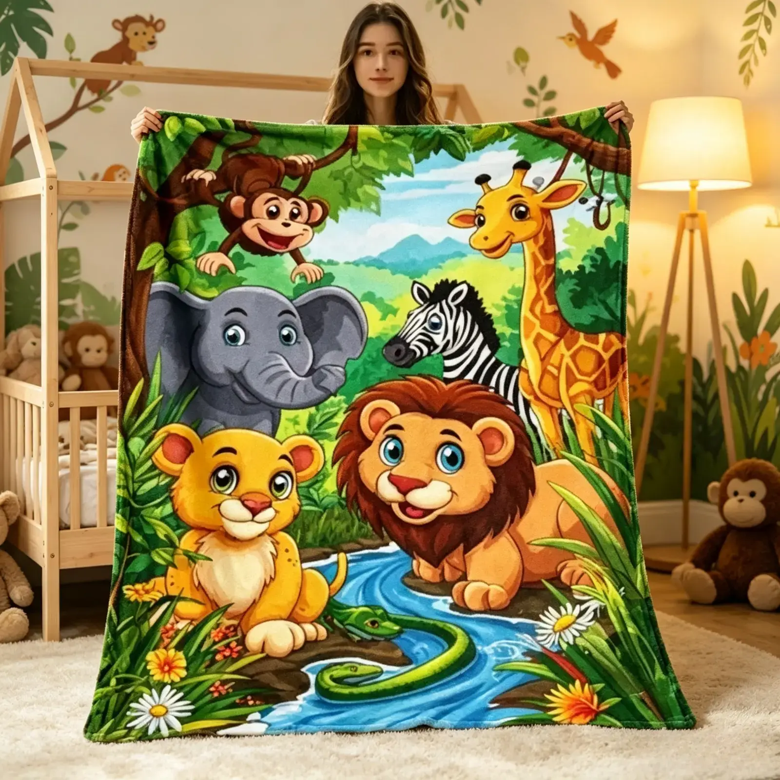 Jungle Safari Animals Flannel Throw Blanket Cute Lion Giraffe Elephant Monkey Print Soft Cozy Fleece Blanket Kids Nursery Decor Blanket Personalized Name Birthday Christmas Gift for Animal Lovers, Plush Bedding for Sofa Couch Bed