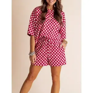 WomenSummerOutfitsCheckerboardPrintLooseT-ShirtandElasticShortsClubStreetwearClothesSleeveSuitsWomenswearBottomFabricPolyesterCrewneckFittedKhakiCasualPlaidGamis2piecesetswomenrodeo2piecesetbeachoutfitsset