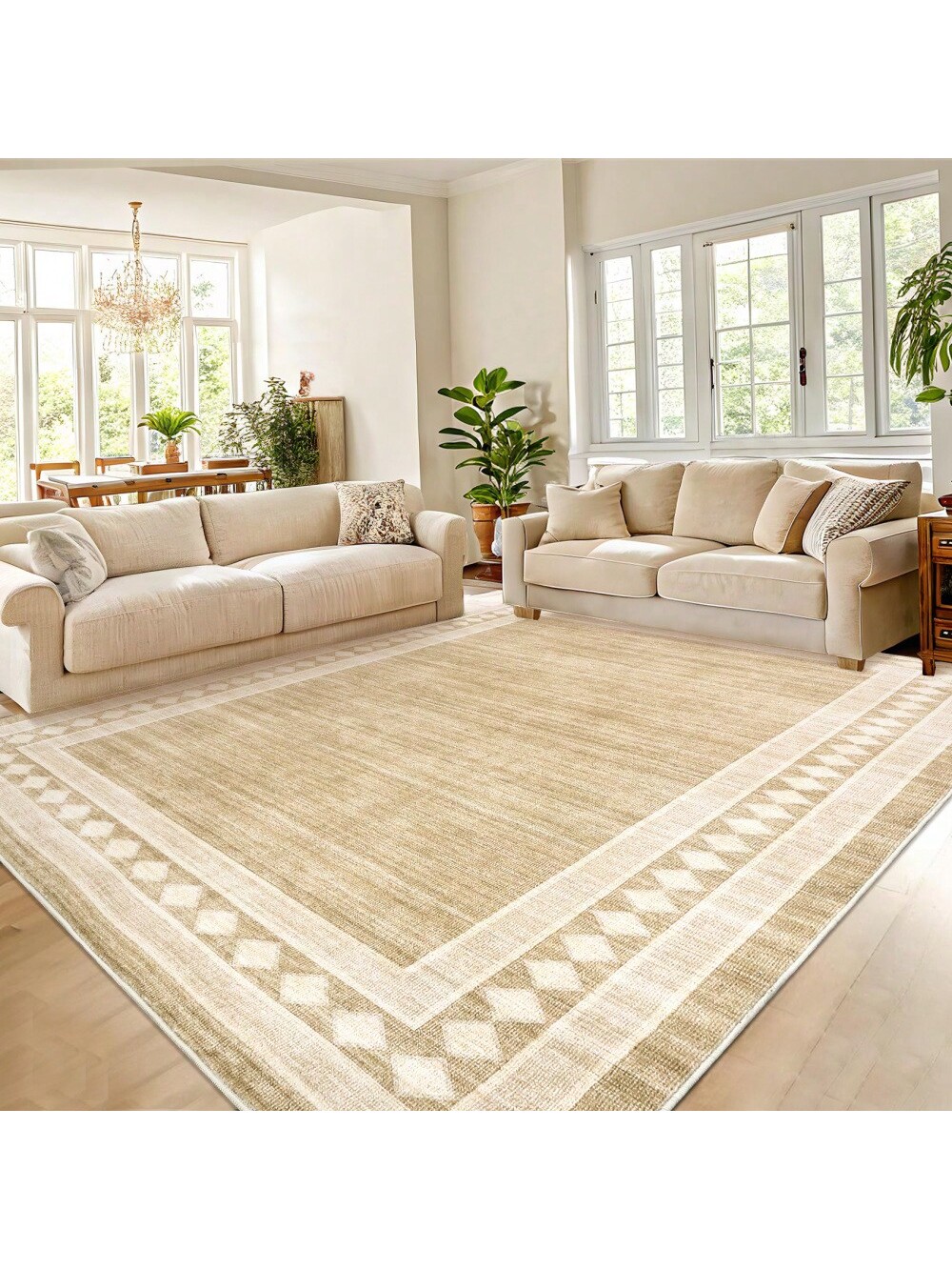Brown-5*7 feet Contemporary Machine Washable Area Rug Modern Geometric Floor Cover Non Slip Stylish Bordered Accent Carpet Stain Resistant Low Pile