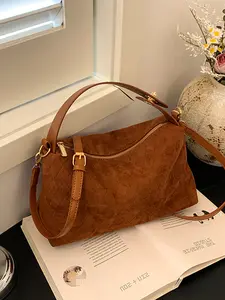 Retro refined faux suede material, stain-resistant and wear-resistant, women's single shoulder bag with adjustable detachable strap, zippered closure, lightweight and portable, suitable for daily commuting and outings